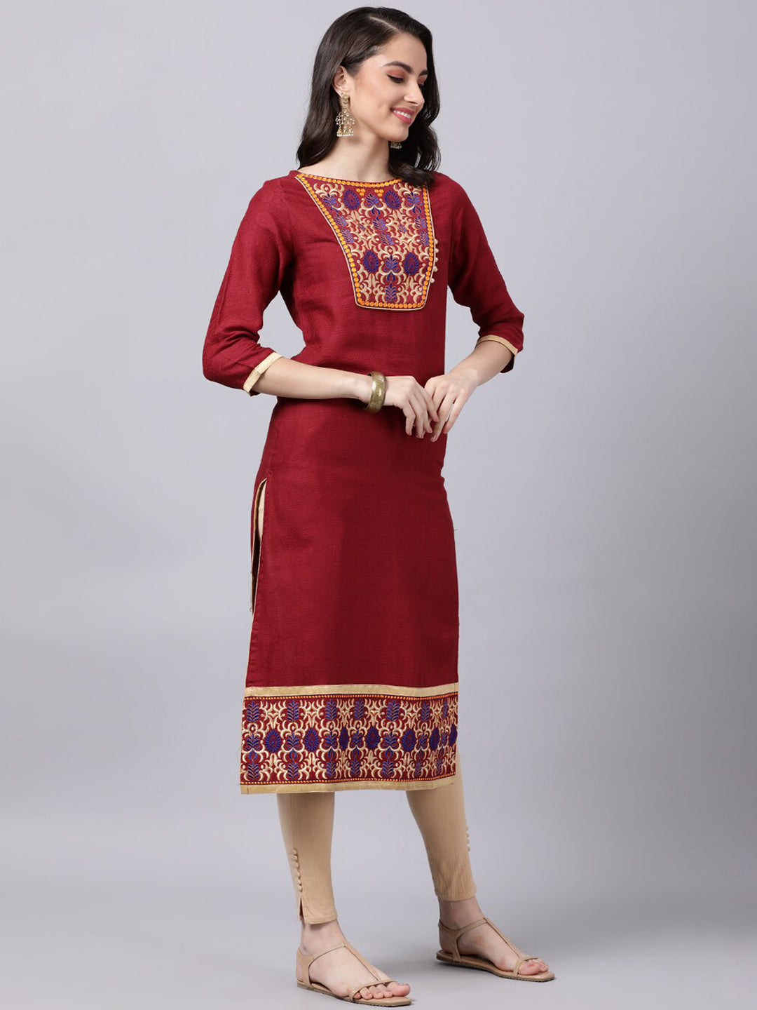 Souchii Maroon & Yellow Thread Work Grandeur & Majestic Artwork Cotton Kurta - Distacart