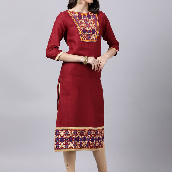 Souchii Maroon & Yellow Thread Work Grandeur & Majestic Artwork Cotton Kurta - Distacart