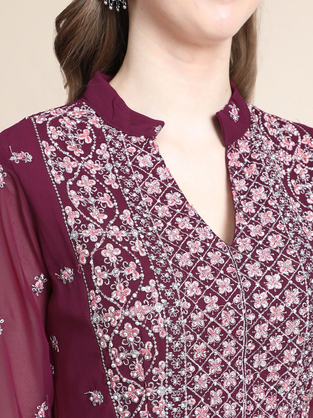 Kalini Women Burgundy Floral Yoke Design Empire Silk Georgette Kurta with Sharara - Distacart