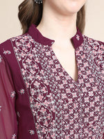 Thumbnail for Kalini Women Burgundy Floral Yoke Design Empire Silk Georgette Kurta with Sharara - Distacart