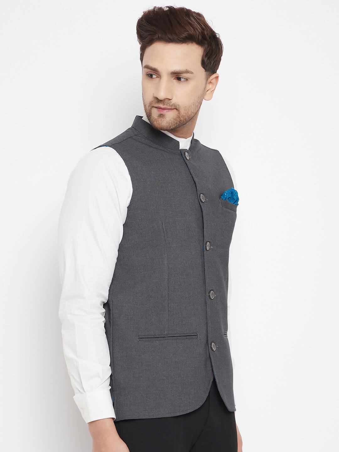 Even Apparels Men's Grey Merino Nehru Jacket-Contrast Lining-Free Pocket Square - Distacart