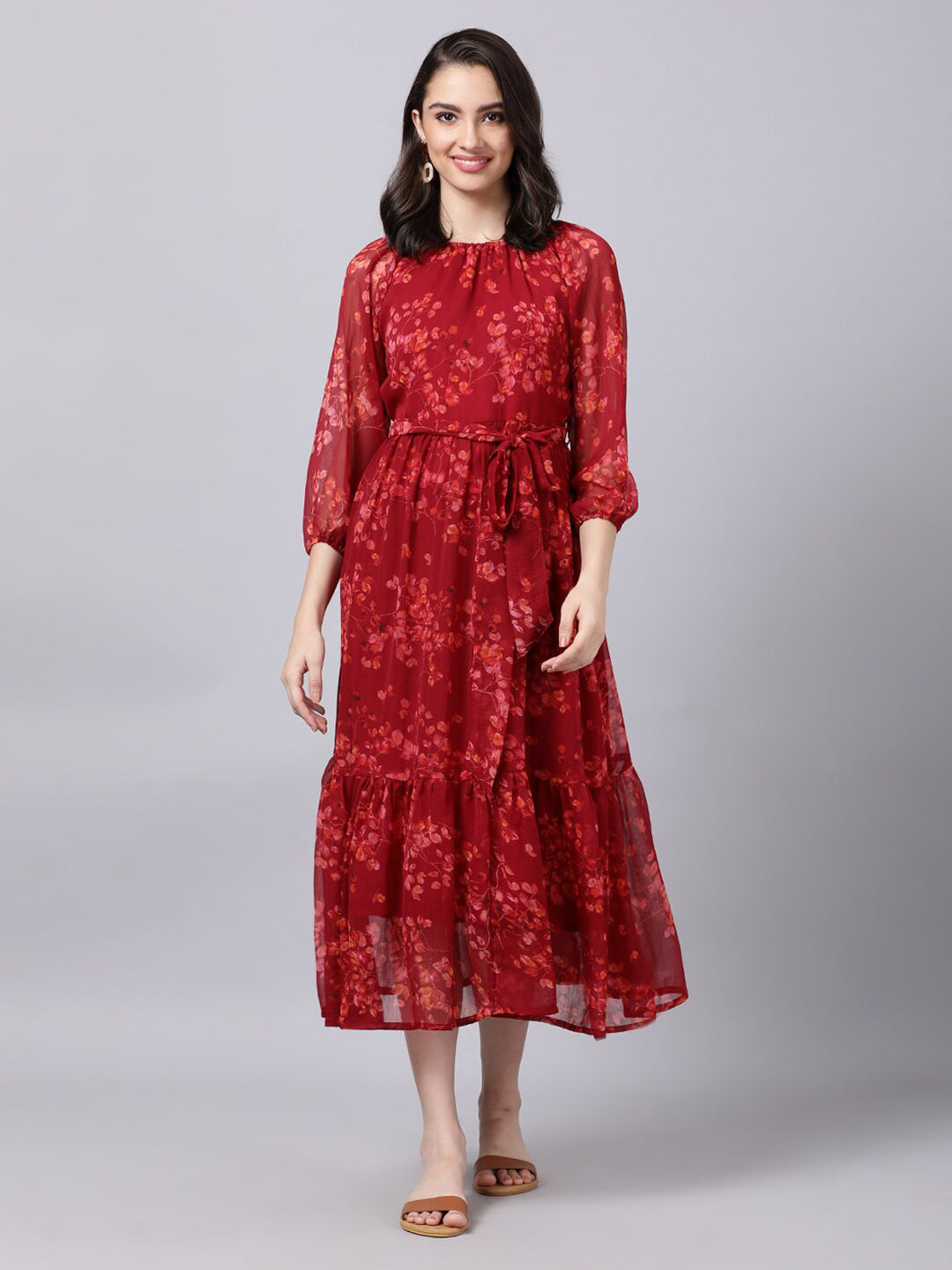 Souchii Maroon Floral Layered Chiffon A-Line Midi Dress - Distacart