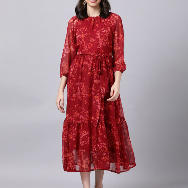 Souchii Maroon Floral Layered Chiffon A-Line Midi Dress - Distacart