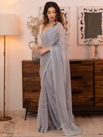Thumbnail for Koskii Grey & Green Embellished Sequinned Saree - Distacart