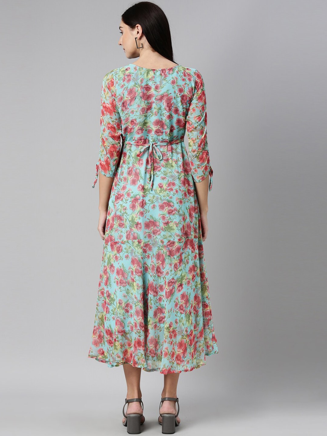 Souchii Turquoise Blue Floral Printed Chiffon A-Line Midi Dress - Distacart