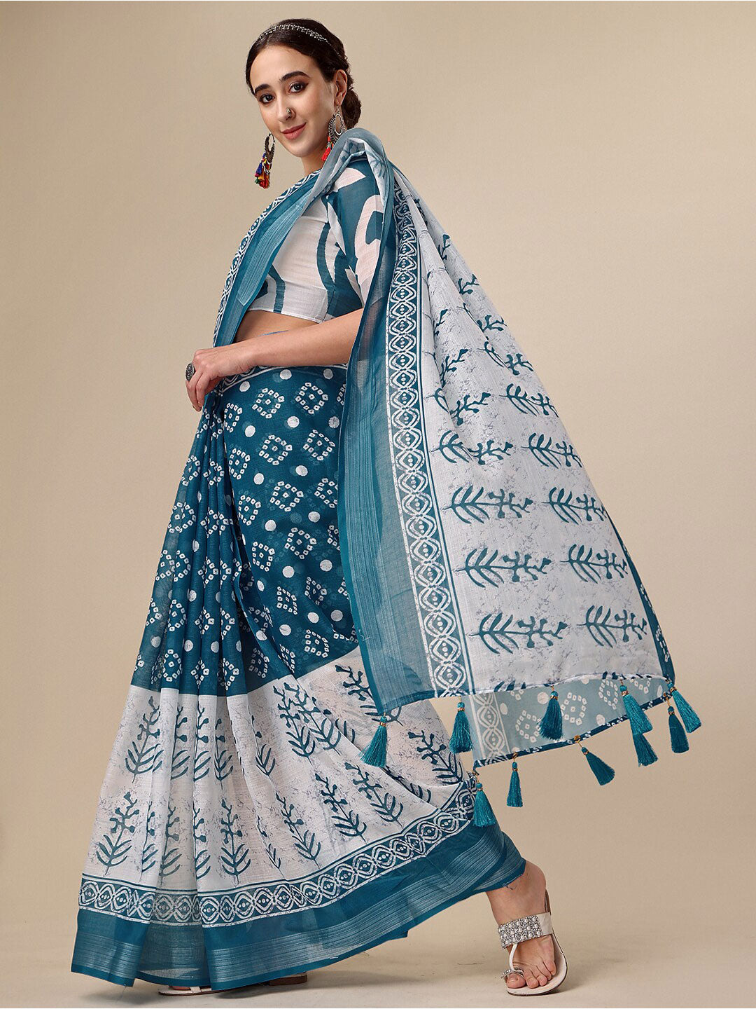 Sangria Teal & White Floral Printed Pure Linen Saree - Distacart