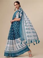 Thumbnail for Sangria Teal & White Floral Printed Pure Linen Saree - Distacart
