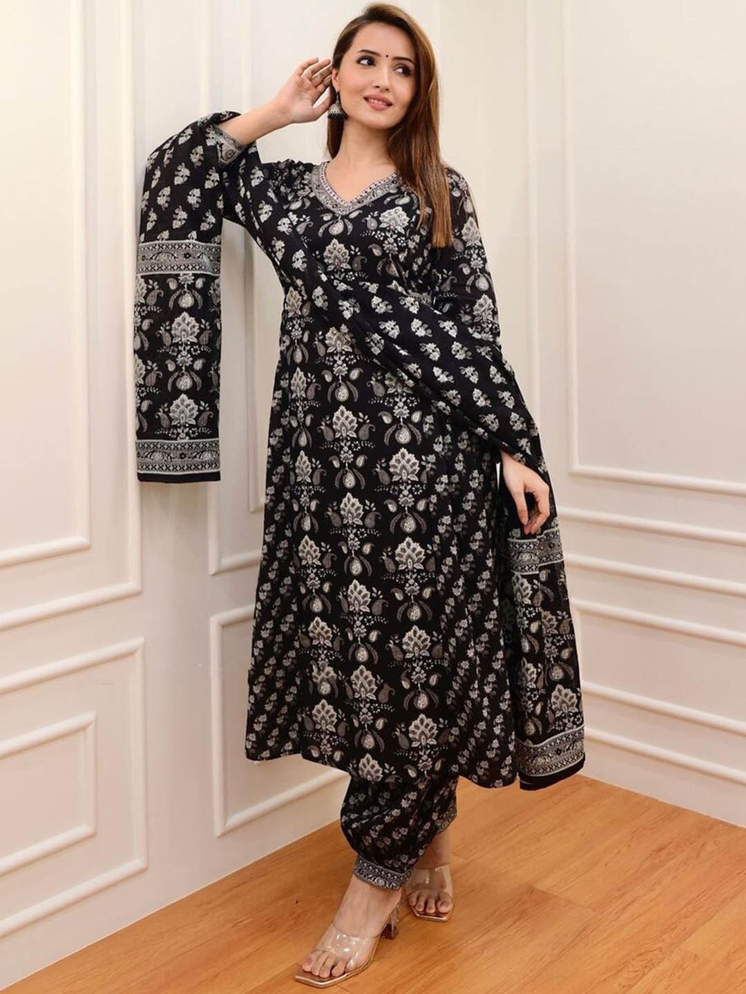 Kalini Floral Printed Sequinned Pure Cotton A-Line Kurta With Salwar & Dupatta - Distacart