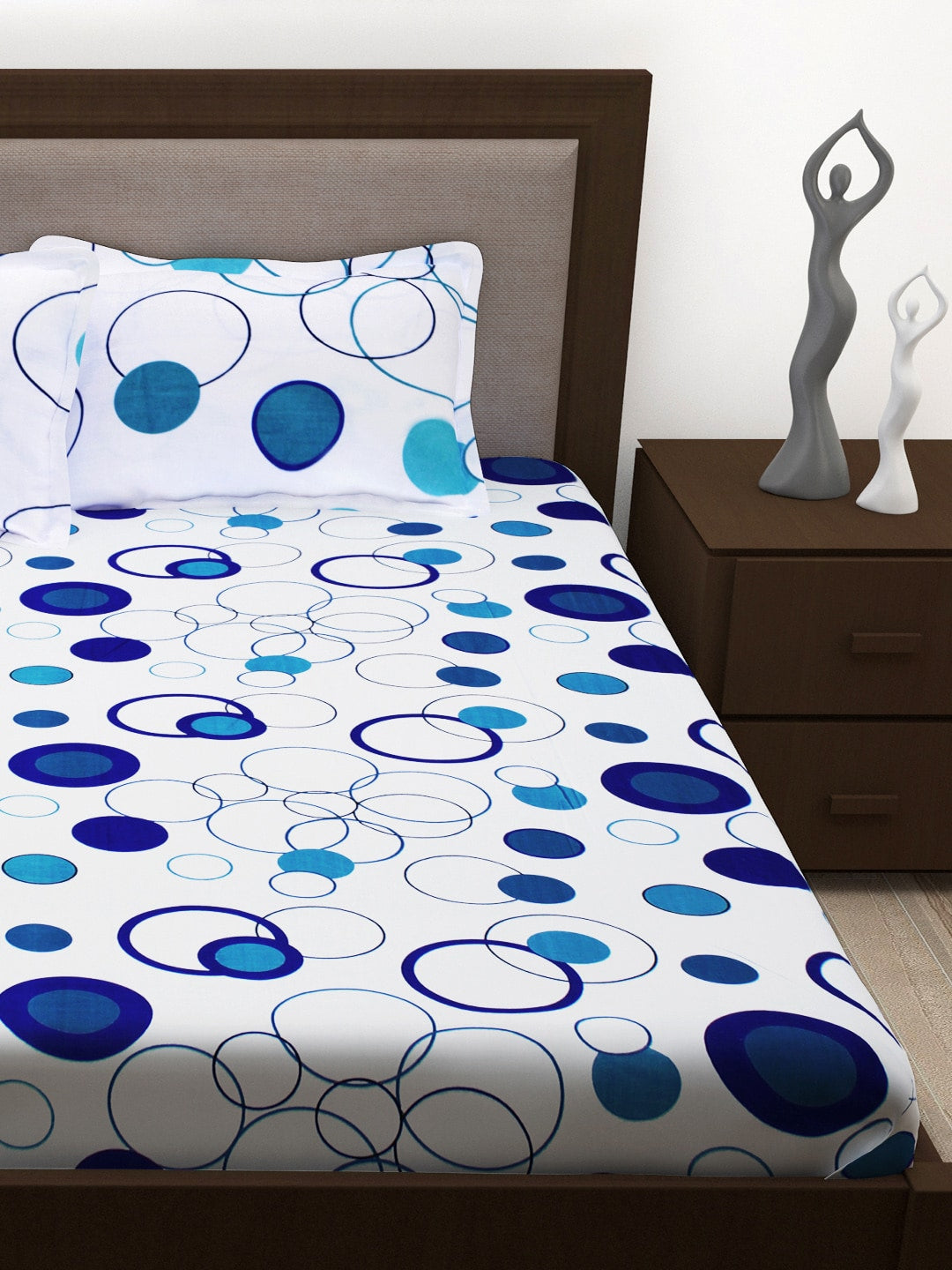 Story@home White & Blue Geometric 186 TC Cotton 1 Queen Bedsheet with 2 Pillow Covers - Distacart
