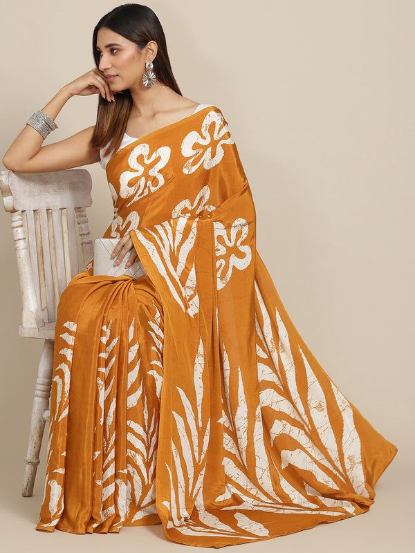 Tikhi Imli Mustard & White Floral Print Satin Saree - Distacart