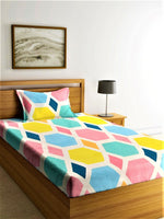Thumbnail for Home Sizzler Blue & Yellow Geometric 210 TC Single Bedsheet with 1 Pillow Covers - Distacart