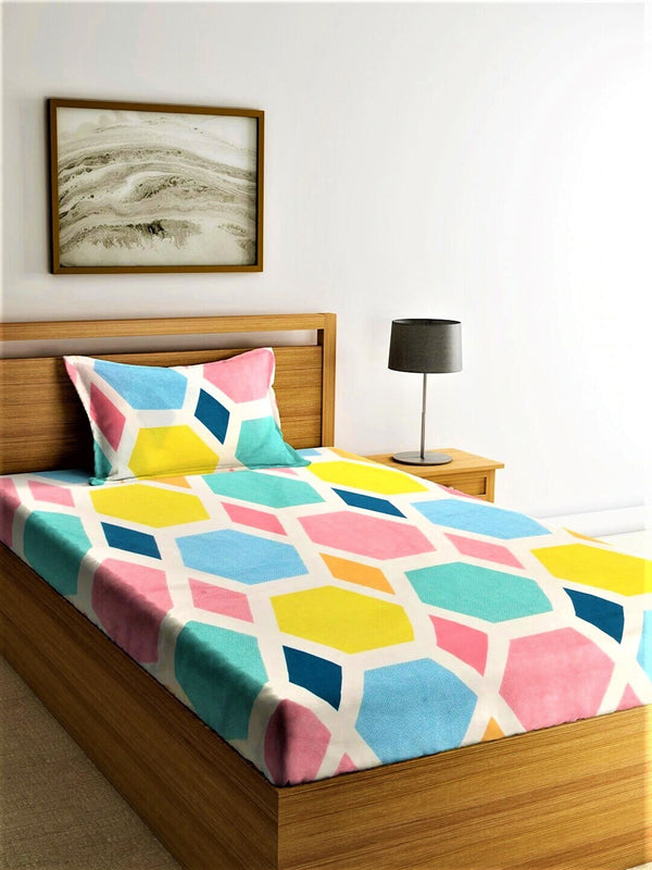 Home Sizzler Blue & Yellow Geometric 210 TC Single Bedsheet with 1 Pillow Covers - Distacart