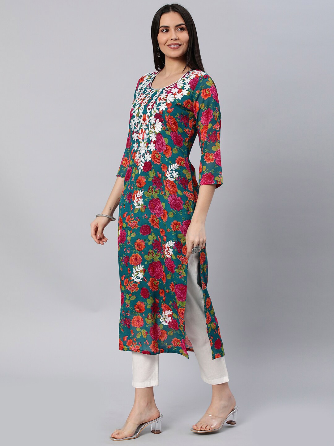 Kalini Floral Printed Chikankari Embroidered Straight Kurta - Distacart