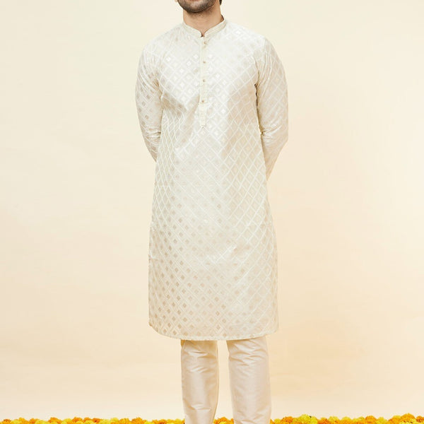 Manyavar Geometric Embroidered Chanderi Cotton Kurta with Pyjamas - Distacart