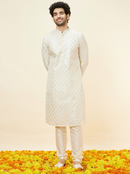 Manyavar Geometric Embroidered Chanderi Cotton Kurta with Pyjamas - Distacart
