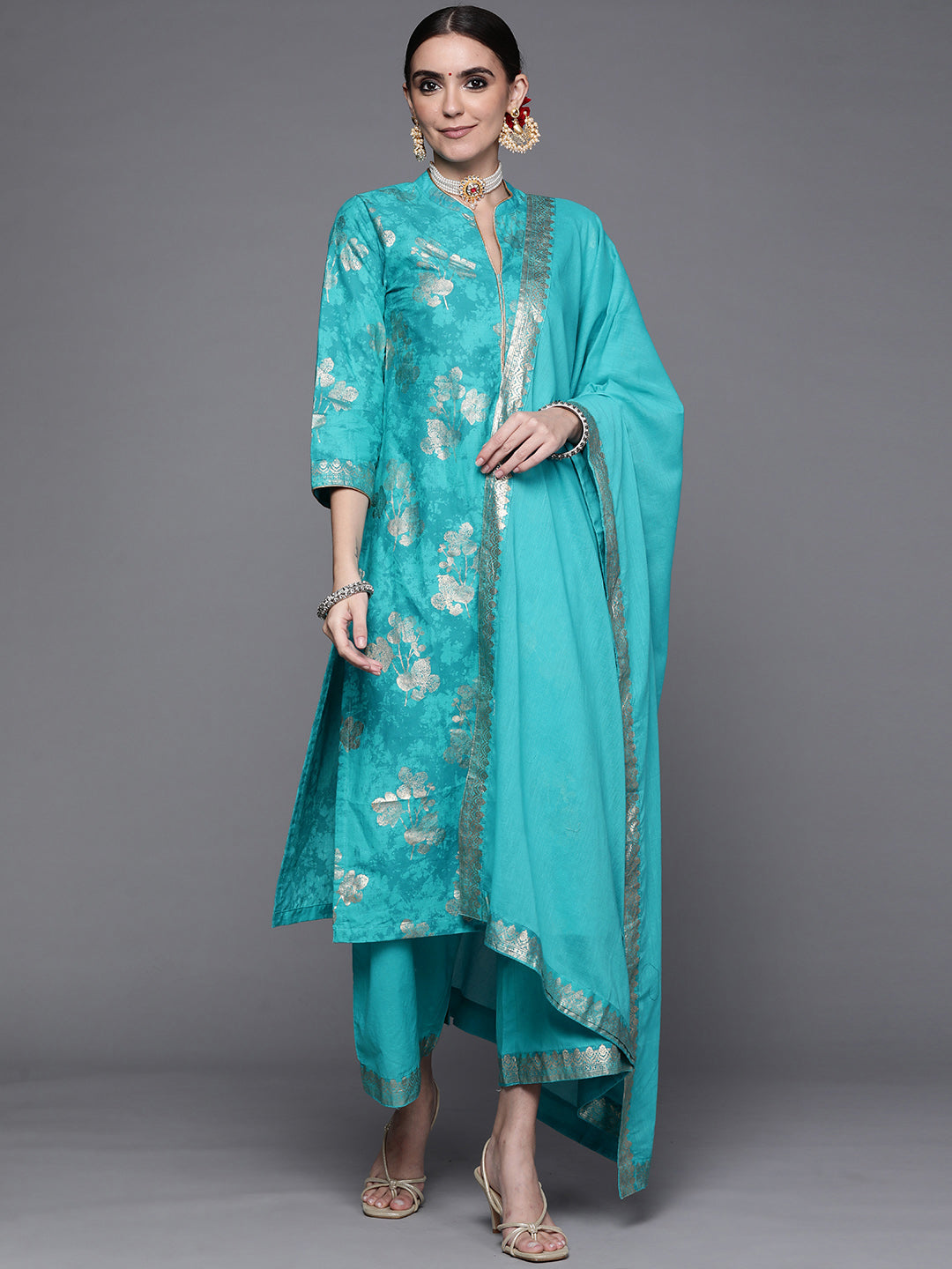 Biba Women Blue Ethnic Motifs Printed Pure Cotton Kurta with Palazzos & With Dupatta - Distacart