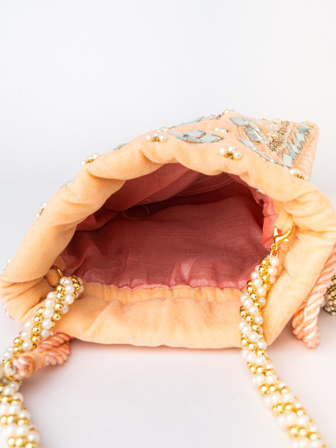 NR By Nidhi Rathi Peach-Coloured & White Embroidered Potli Clutch - Distacart