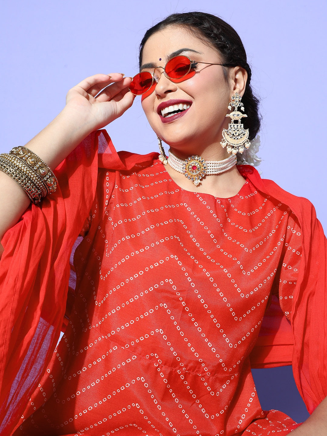 HERE&NOW Women Bandhani Polyester Fusion Bottom Kurta Set - Distacart