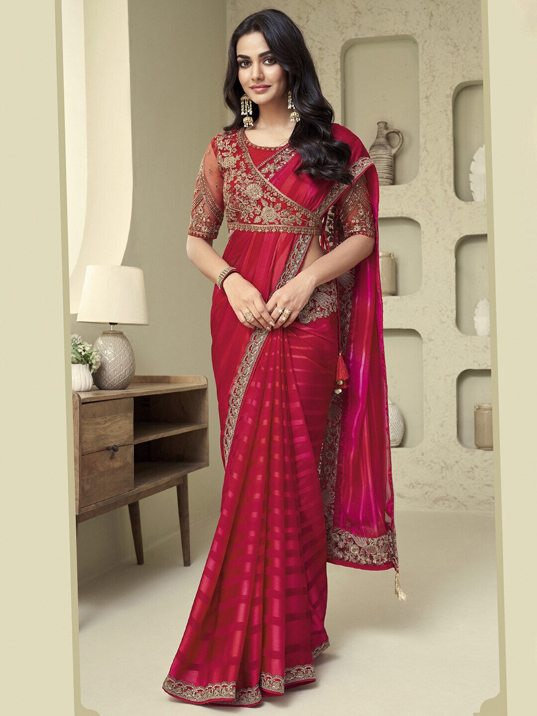 Mitera Pink & Gold-Toned Pure Georgette Saree - Distacart