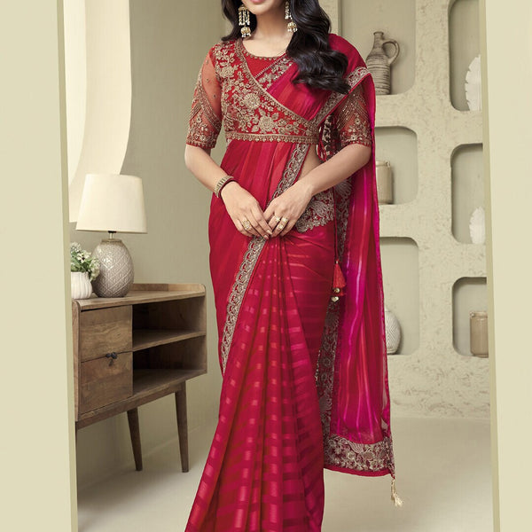 Mitera Pink & Gold-Toned Pure Georgette Saree - Distacart