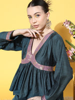 Thumbnail for InWeave Women's Teal Mauve Brocade Mughal Shaan Kurta Palazzo Set - Distacart