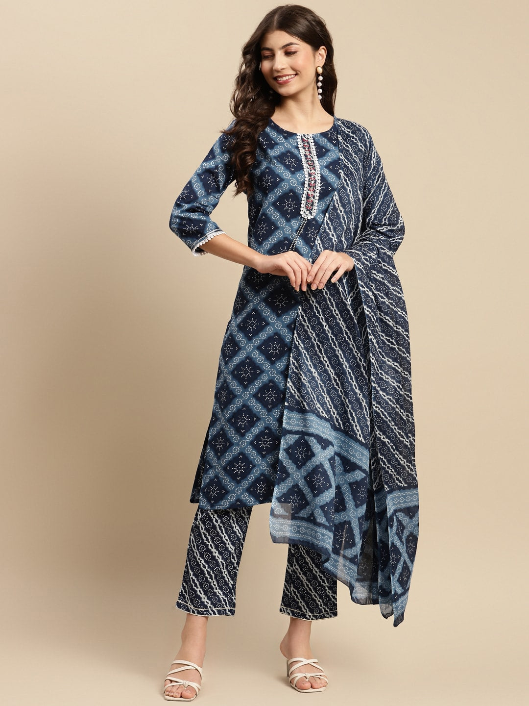 Sangria Indigo Blue Geometric Printed Pure-Cotton Straight Kurta With Trouser & Dupatta - Distacart