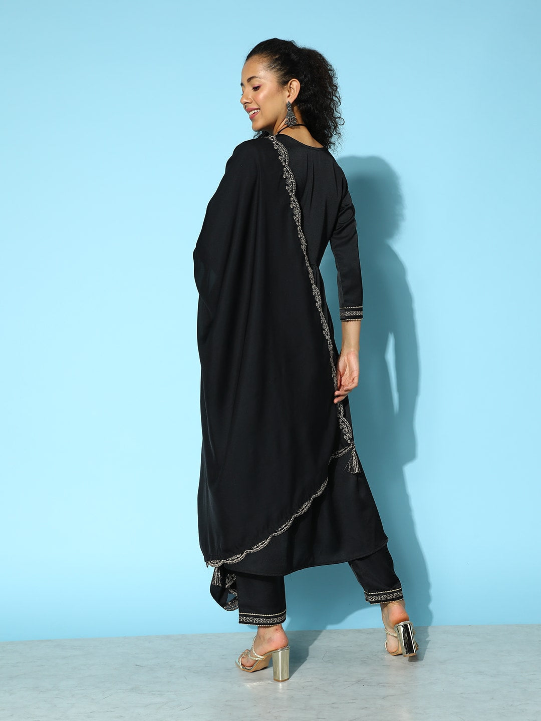 Sangria Floral Embroidered Angrakha Zari Kurta with Trousers & With Dupatta - Distacart