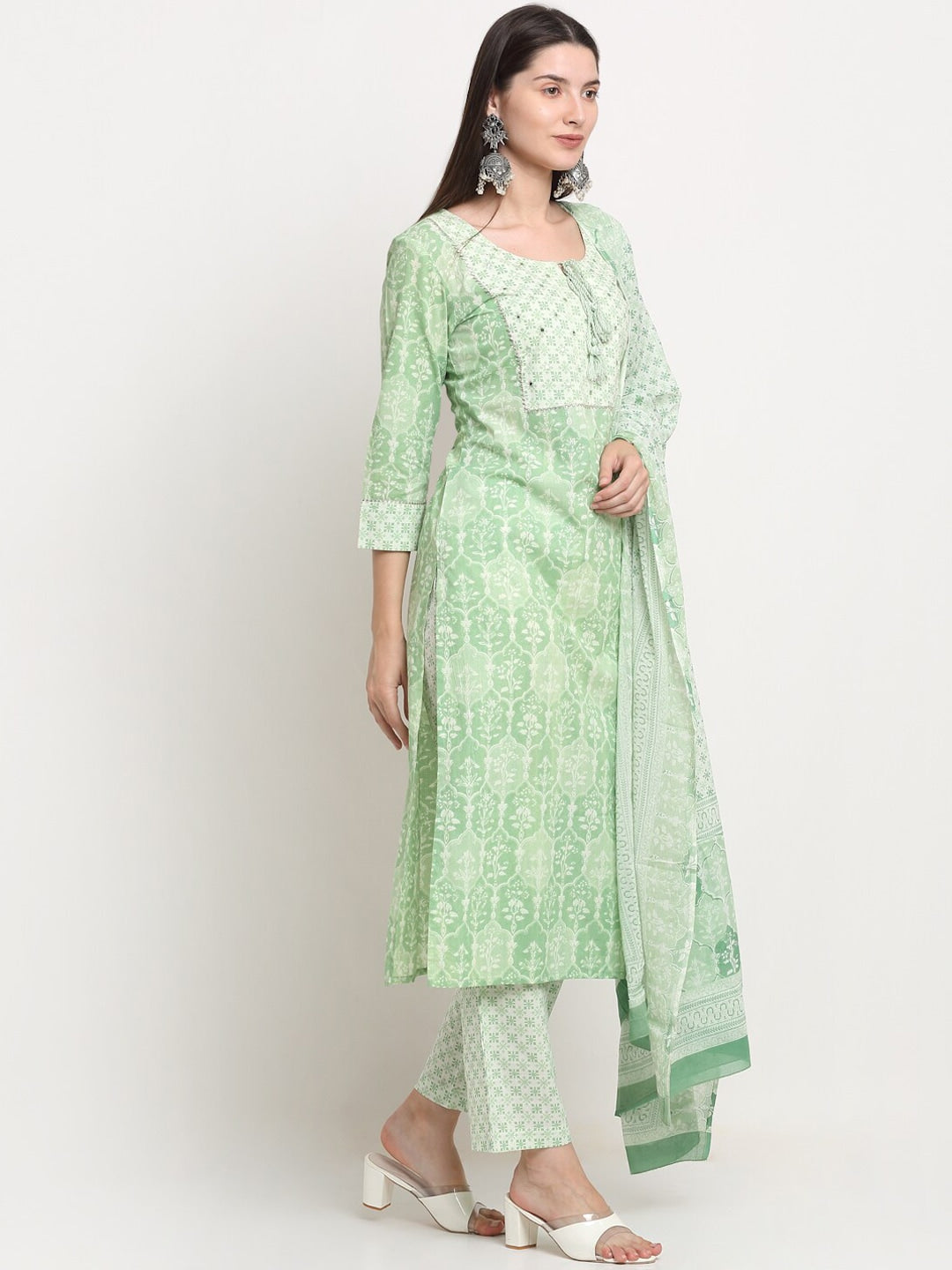 Kalini Women Green Ethnic Motifs Printed Mirror Work Pure Cotton Kurta with Trousers & With Dupatta - Distacart