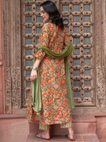 Thumbnail for Sangria Orange Printed Gotta Patti Detail Pure Cotton A-Line Kurta With Trousers & Dupatta - Distacart