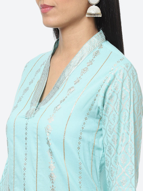 Biba Ethnic Motifs Printed Sequinned Cotton Blend Kurta with Trousers & With Dupatta - Distacart