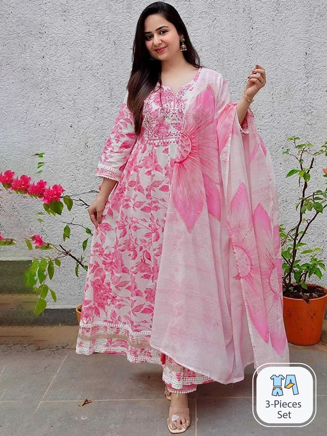 Kalini Floral Printed Mirror Work Anarkali Pure Cotton Kurta with Palazzo & Dupatta - Distacart