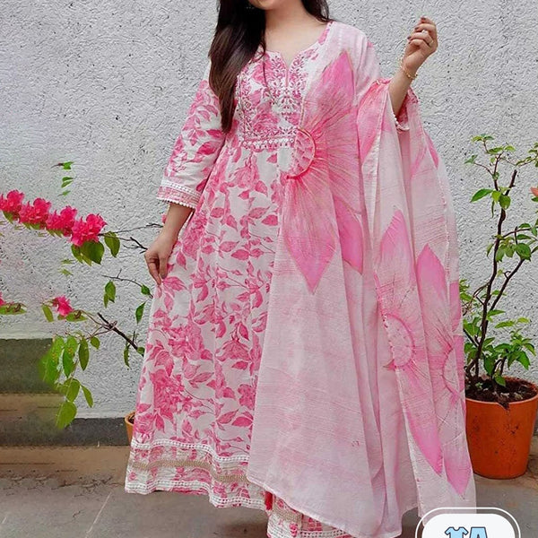 Kalini Floral Printed Mirror Work Anarkali Pure Cotton Kurta with Palazzo & Dupatta - Distacart