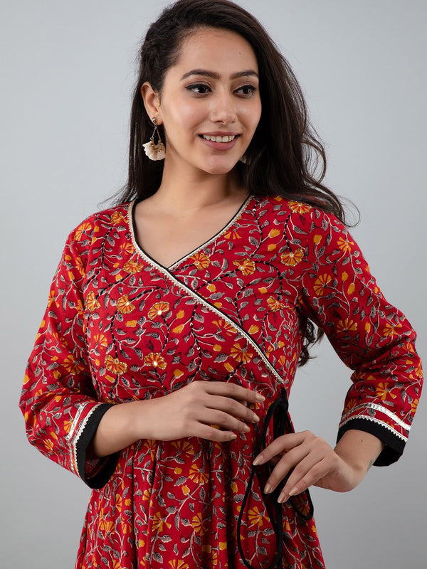 Kalini Women Red Ethnic Motifs Printed Gotta Patti Cotton Anarkali Kurta - Distacart