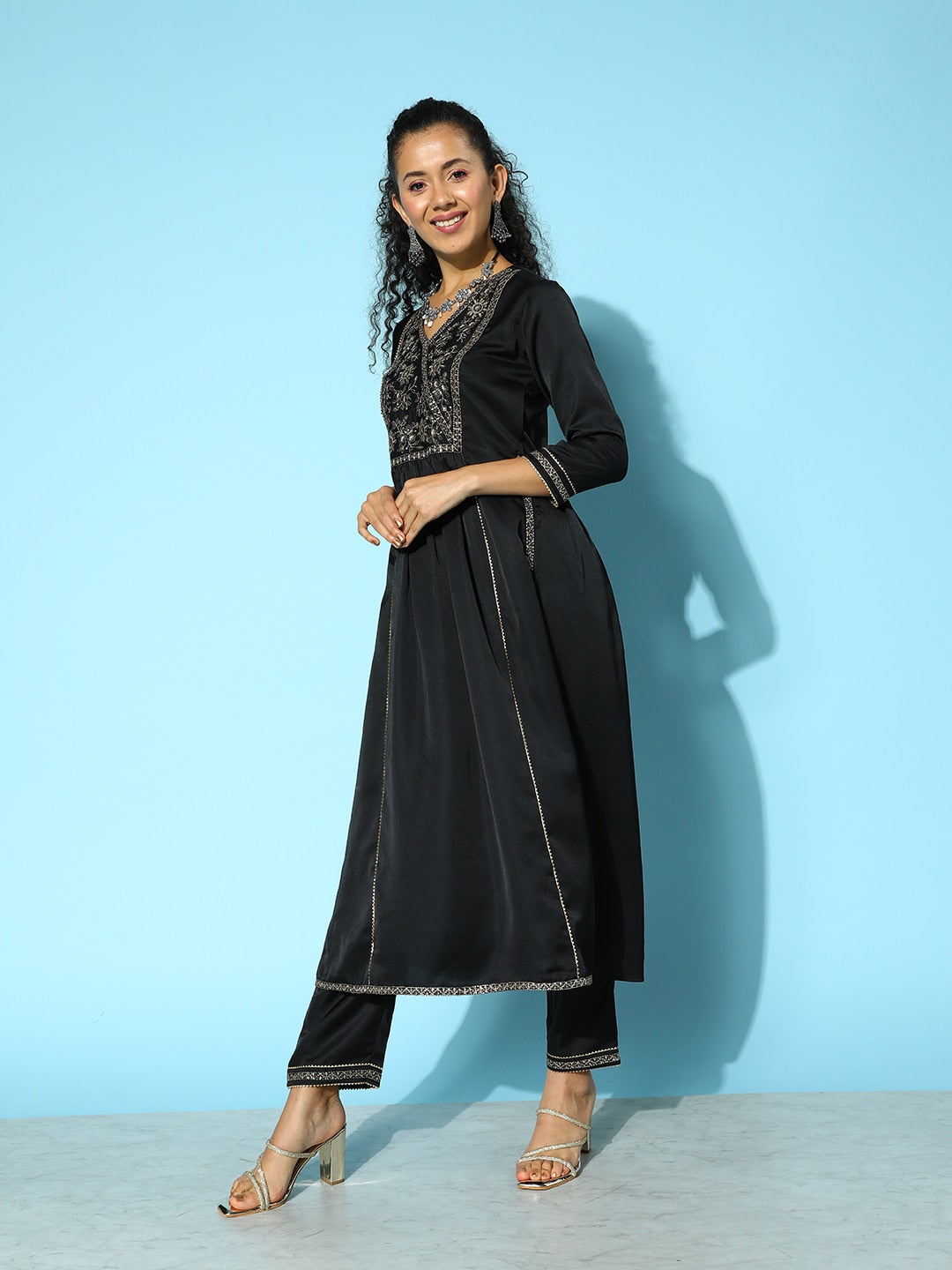 Sangria Floral Embroidered Angrakha Zari Kurta with Trousers & With Dupatta - Distacart
