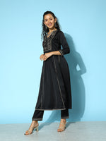 Thumbnail for Sangria Floral Embroidered Angrakha Zari Kurta with Trousers & With Dupatta - Distacart