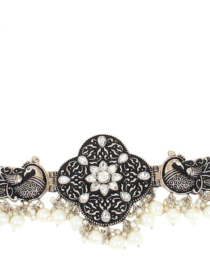 Cardinal Silver-Toned Black Colored Oxidized Choker Jewellery Set - Distacart