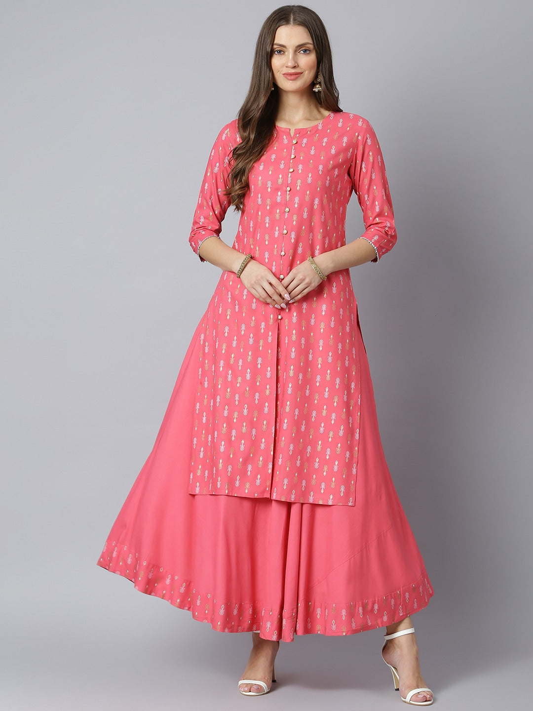 Khushal K Women Pink & White Printed Kurta with Solid Flared Maxi Skirt - Distacart