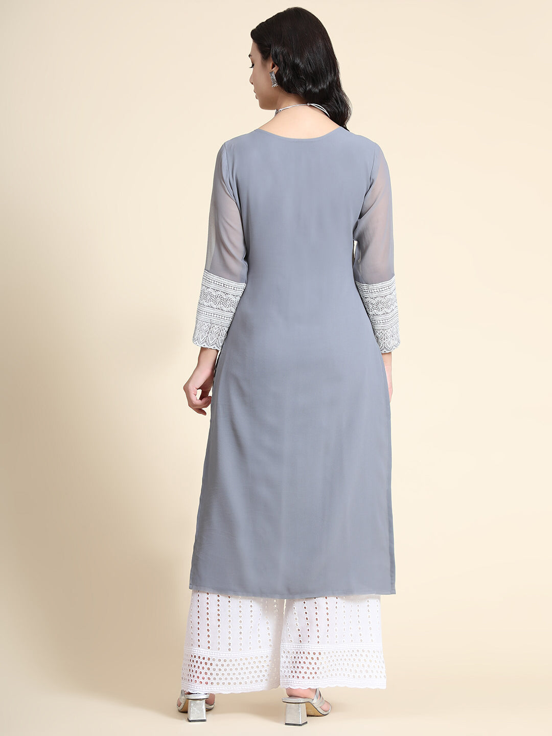 Kalini Women Grey Floral Embroidered Keyhole Neck Thread Work Floral Georgette Kurta - Distacart