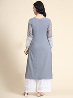Thumbnail for Kalini Women Grey Floral Embroidered Keyhole Neck Thread Work Floral Georgette Kurta - Distacart
