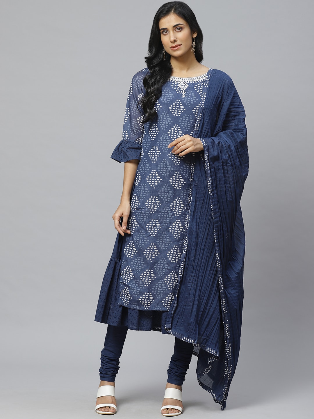 Biba Women Navy Blue & Off-White Printed Layered Kurta with Churidar & Dupatta - Distacart