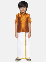 Thumbnail for Sethukrishna Boys Mustard Brown & White Solid Shirt and Veshti Set - Distacart