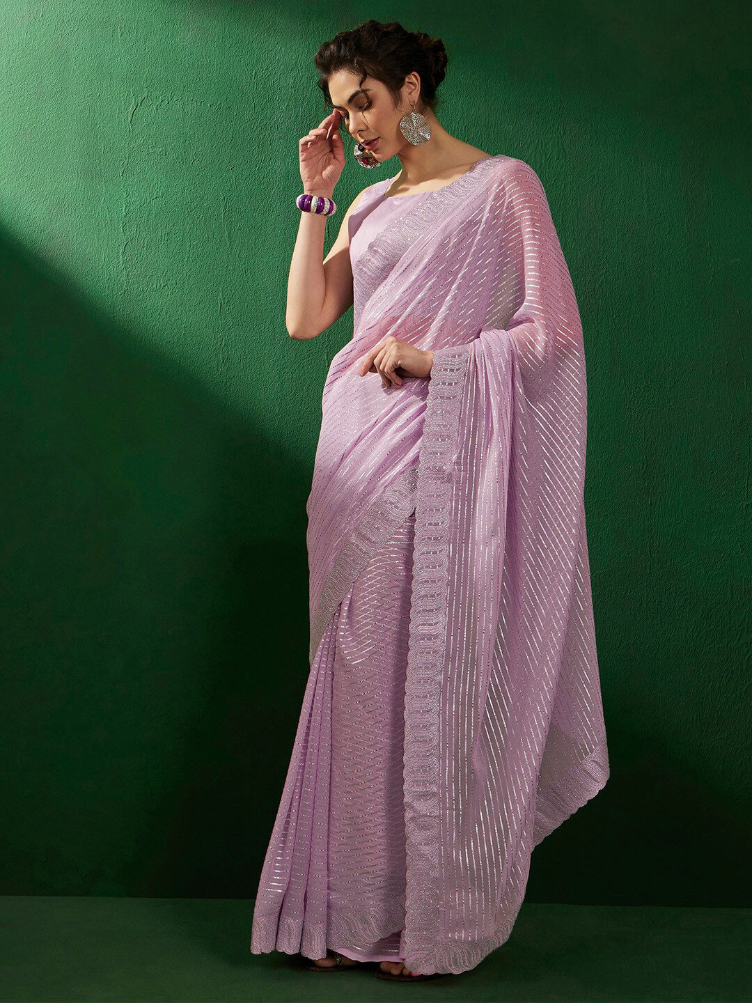 Sangria Mauve Embellished Pure Georgette Saree - Distacart