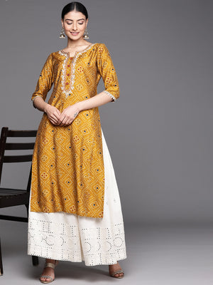 Libas Mustard Yellow Bandhani Print Thread Work Indie Prints Chanderi Silk Kurta - Distacart