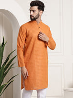 Thumbnail for Sojanya Men Orange Dobby Self-Checked Straight Kurta - Distacart