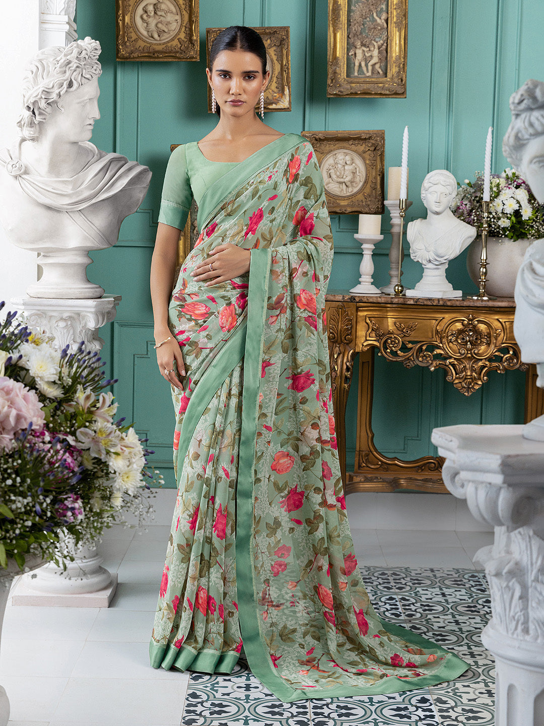 Soch Floral Printed Pure Georgette Saree - Distacart