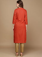 Thumbnail for HERE&NOW Orange & Gold-Toned Mandarin Collar Striped Sequined Straight Kurta - Distacart