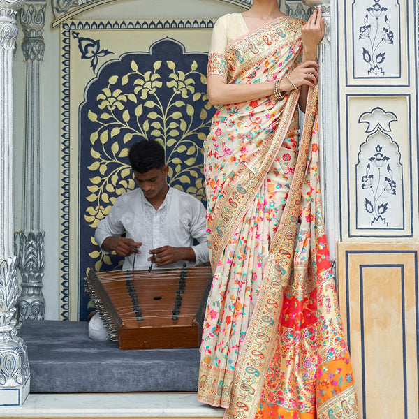 Mitera Cream-Coloured & Red Floral Silk Blend Saree - Distacart