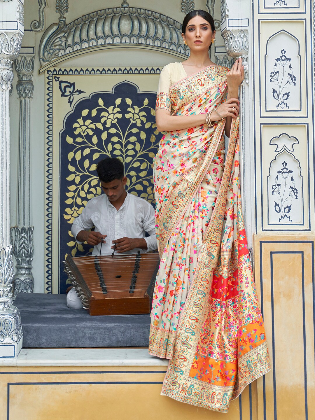 Buy Mitera Cream Coloured Red Floral Silk Blend Saree Online at Best Price Distacart