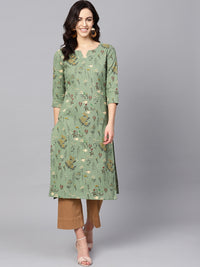 Thumbnail for Ahika Women Green & Beige Floral Printed Straight Kurta - Distacart