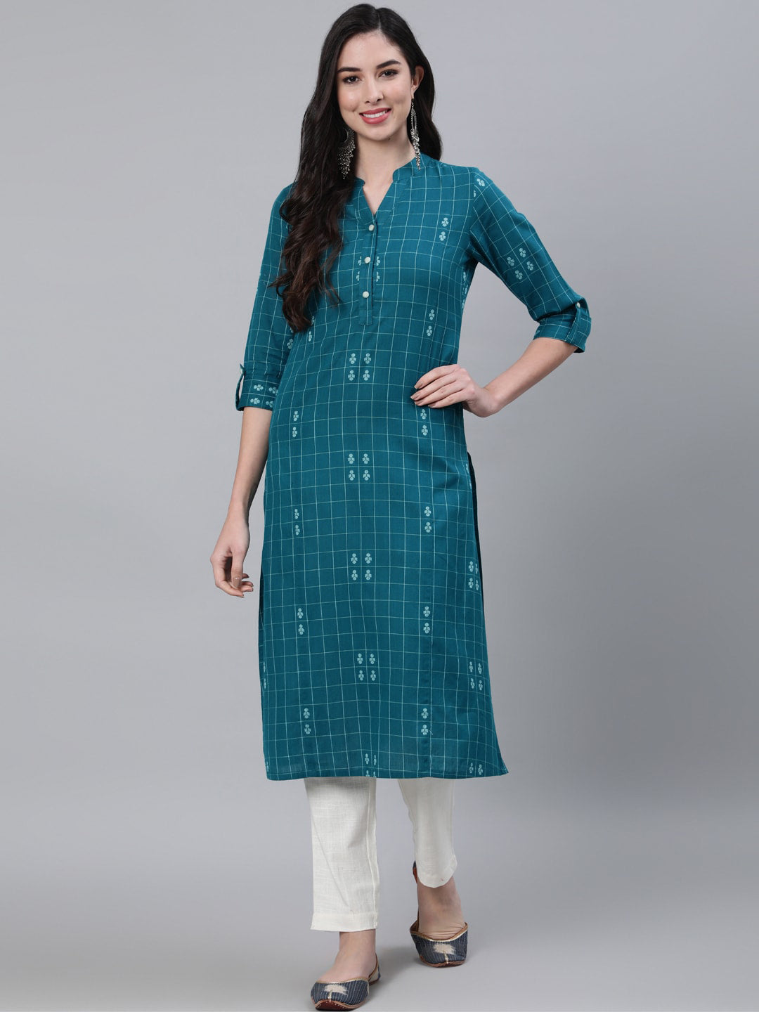 Jaipur Kurti Women Teal Checked Kurta - Distacart